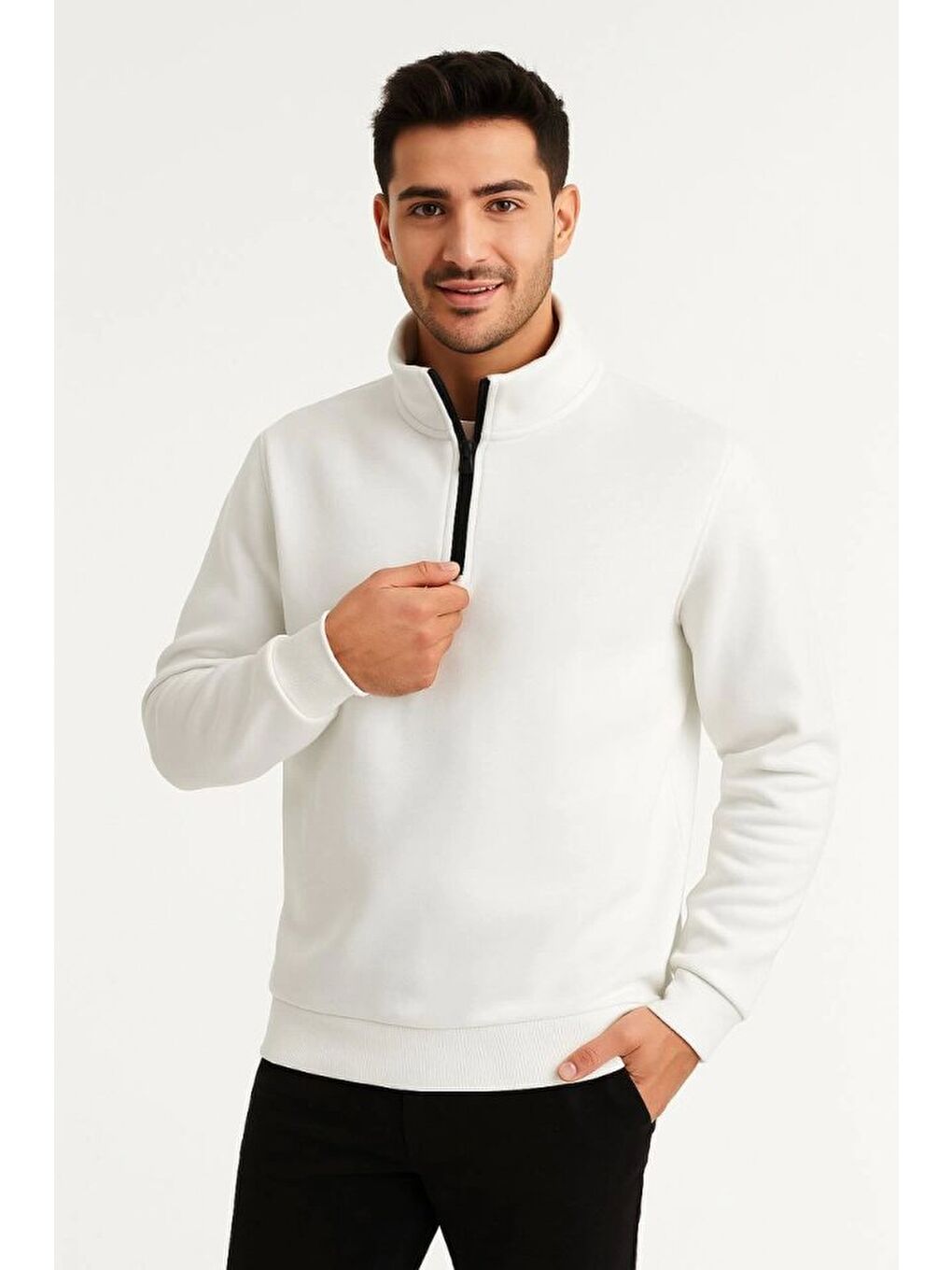 Erkek Dik Yaka Sweatshirt Dik Yaka Yarım Fermuarlı 3 İplik Şardonlu Pamuk Kumaş - Beyaz-1