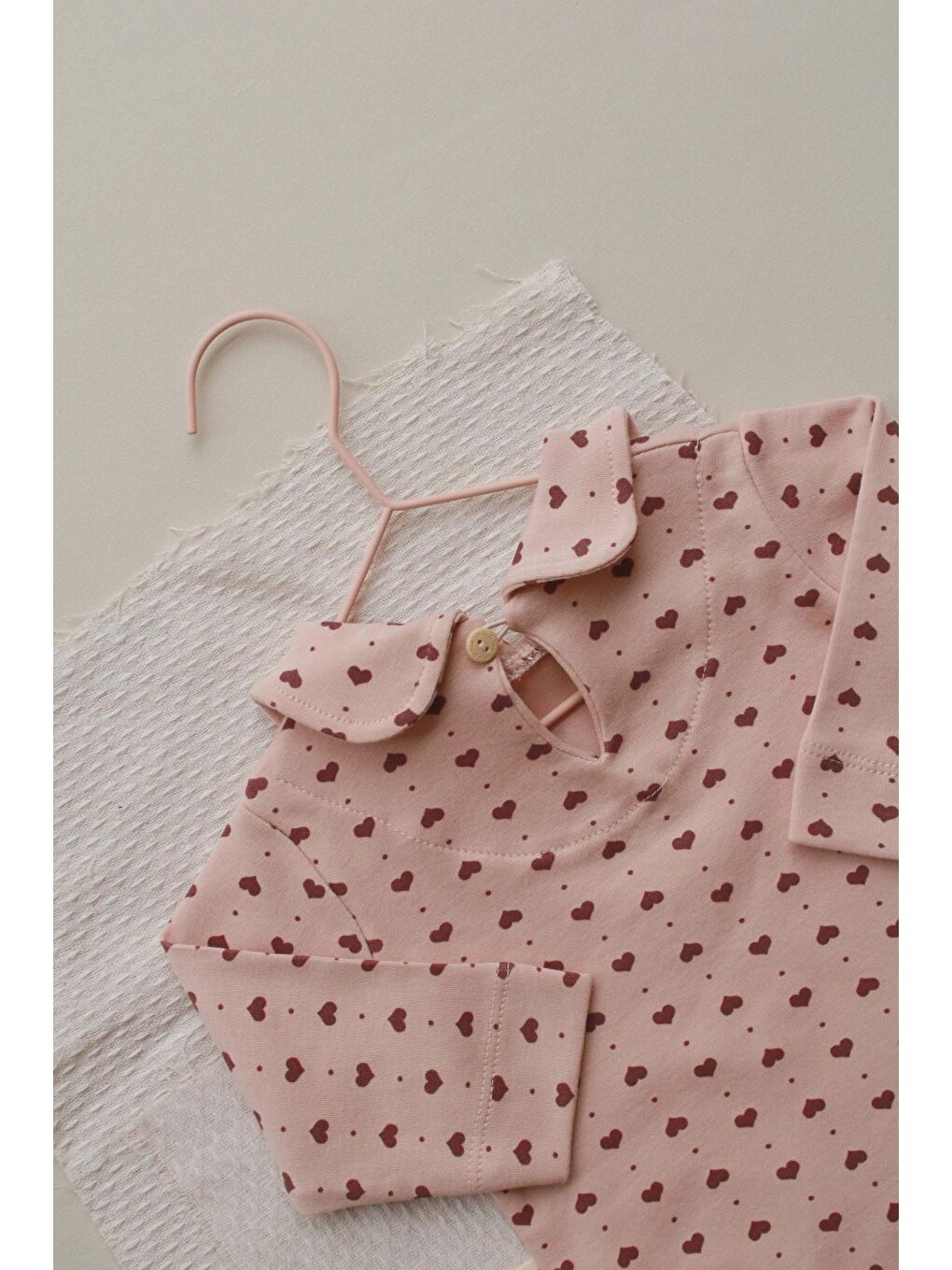 Pembe Kalp Baskılı Bebe Yaka Alt Üst Takım-6