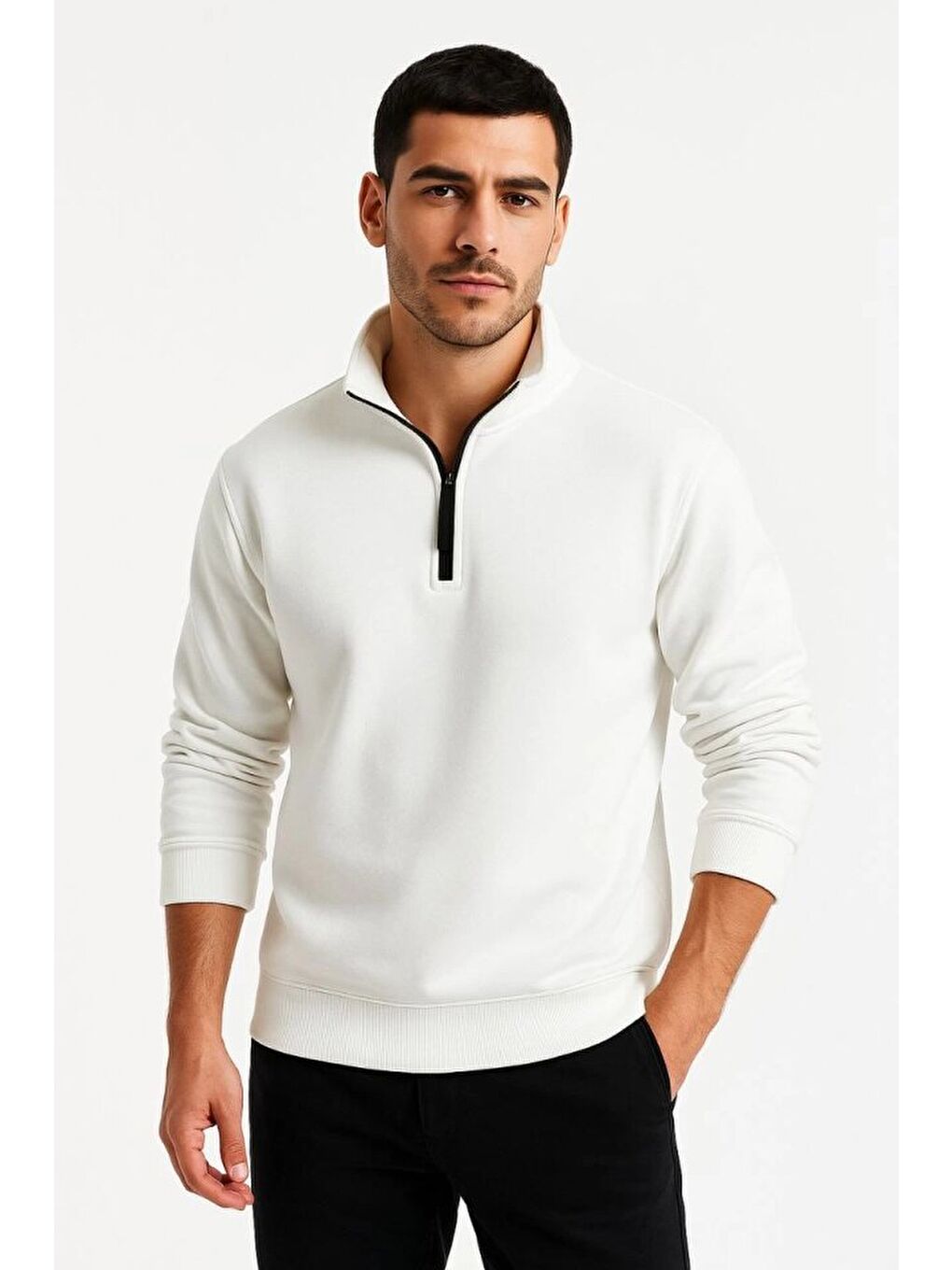 Erkek Dik Yaka Sweatshirt Dik Yaka Yarım Fermuarlı 3 İplik Şardonlu Pamuk Kumaş - Beyaz-2