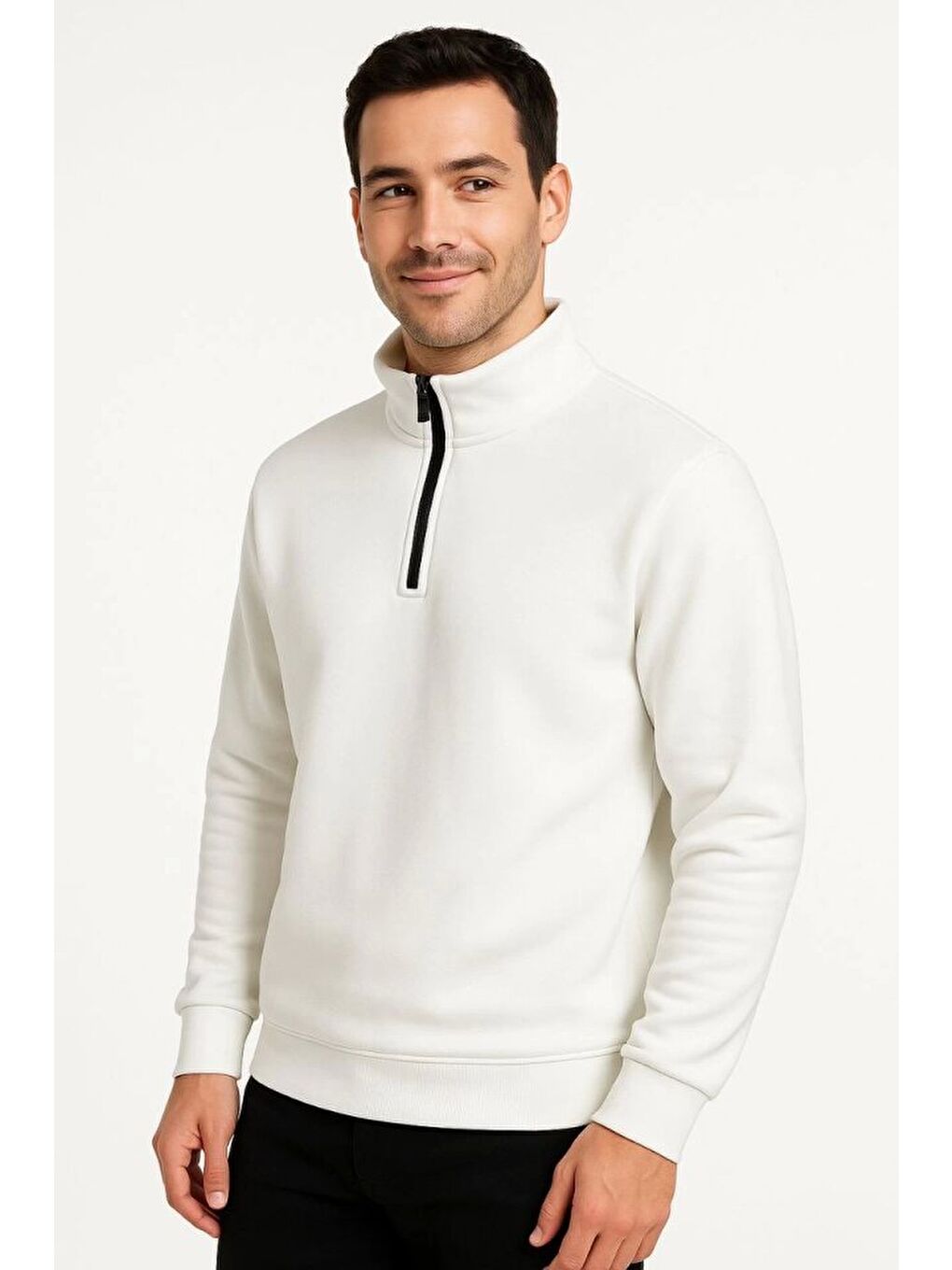 Erkek Dik Yaka Sweatshirt Dik Yaka Yarım Fermuarlı 3 İplik Şardonlu Pamuk Kumaş - Beyaz-3