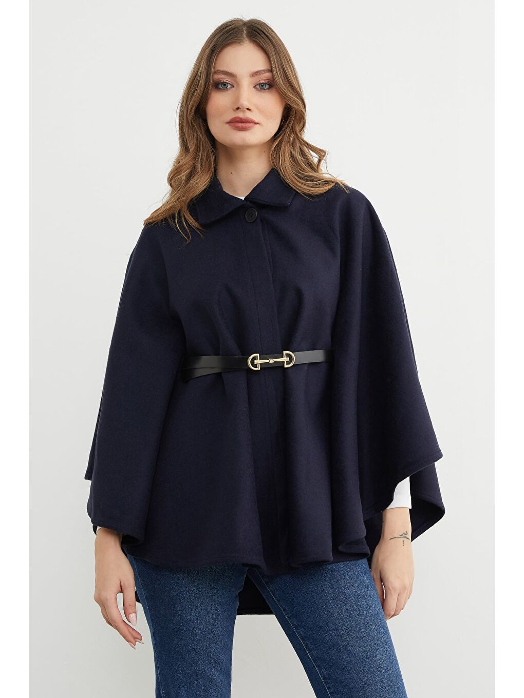 Lacivert Kemerli Polo Yaka Kaşe Panço