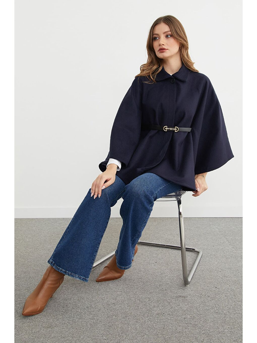 Lacivert Kemerli Polo Yaka Kaşe Panço-1