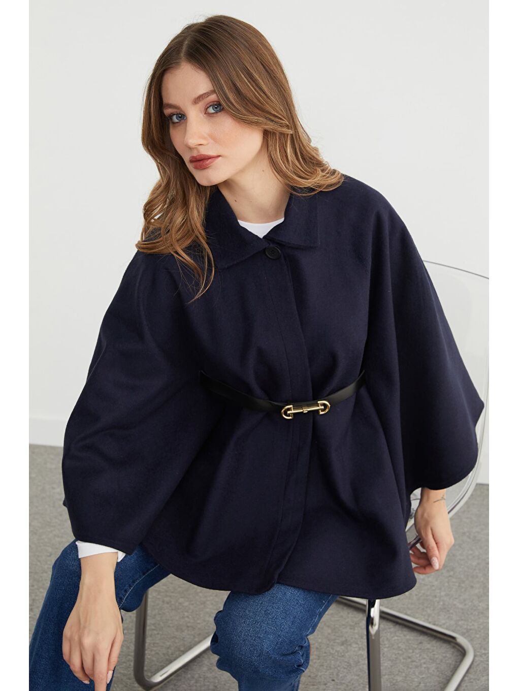 Lacivert Kemerli Polo Yaka Kaşe Panço-2