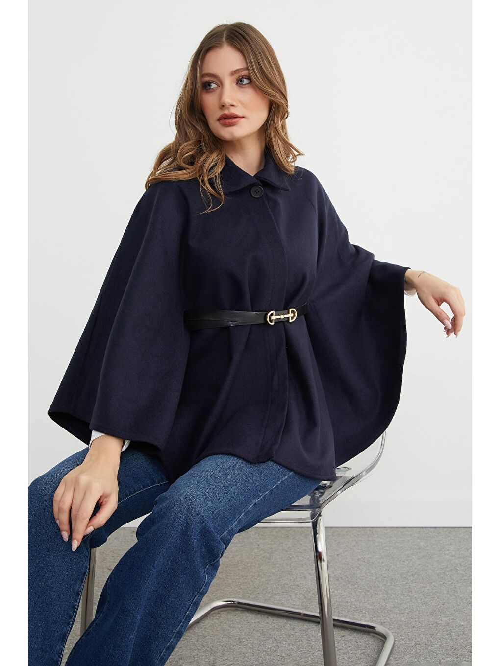 Lacivert Kemerli Polo Yaka Kaşe Panço-3