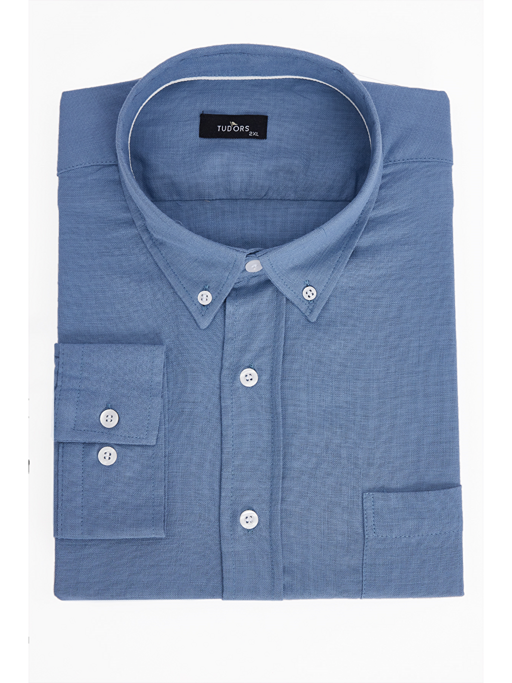 Erkek Big Size Büyük Beden Uzun Kollu %100 Pamuk Keten Doku Tek Cepli İndigo Düğmeli Yaka Gömlek