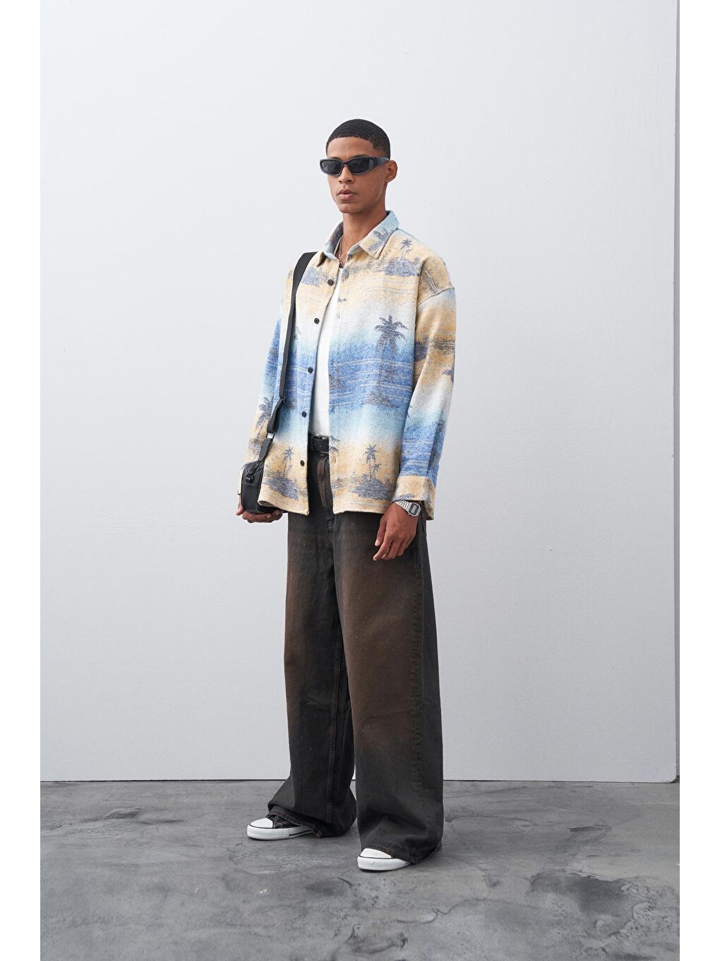 Mavi Baskılı Oversize Oduncu Gömlek-1