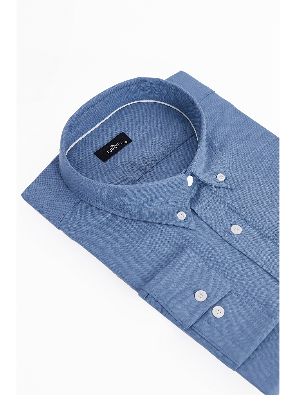 Erkek Big Size Büyük Beden Uzun Kollu %100 Pamuk Keten Doku Tek Cepli İndigo Düğmeli Yaka Gömlek-1