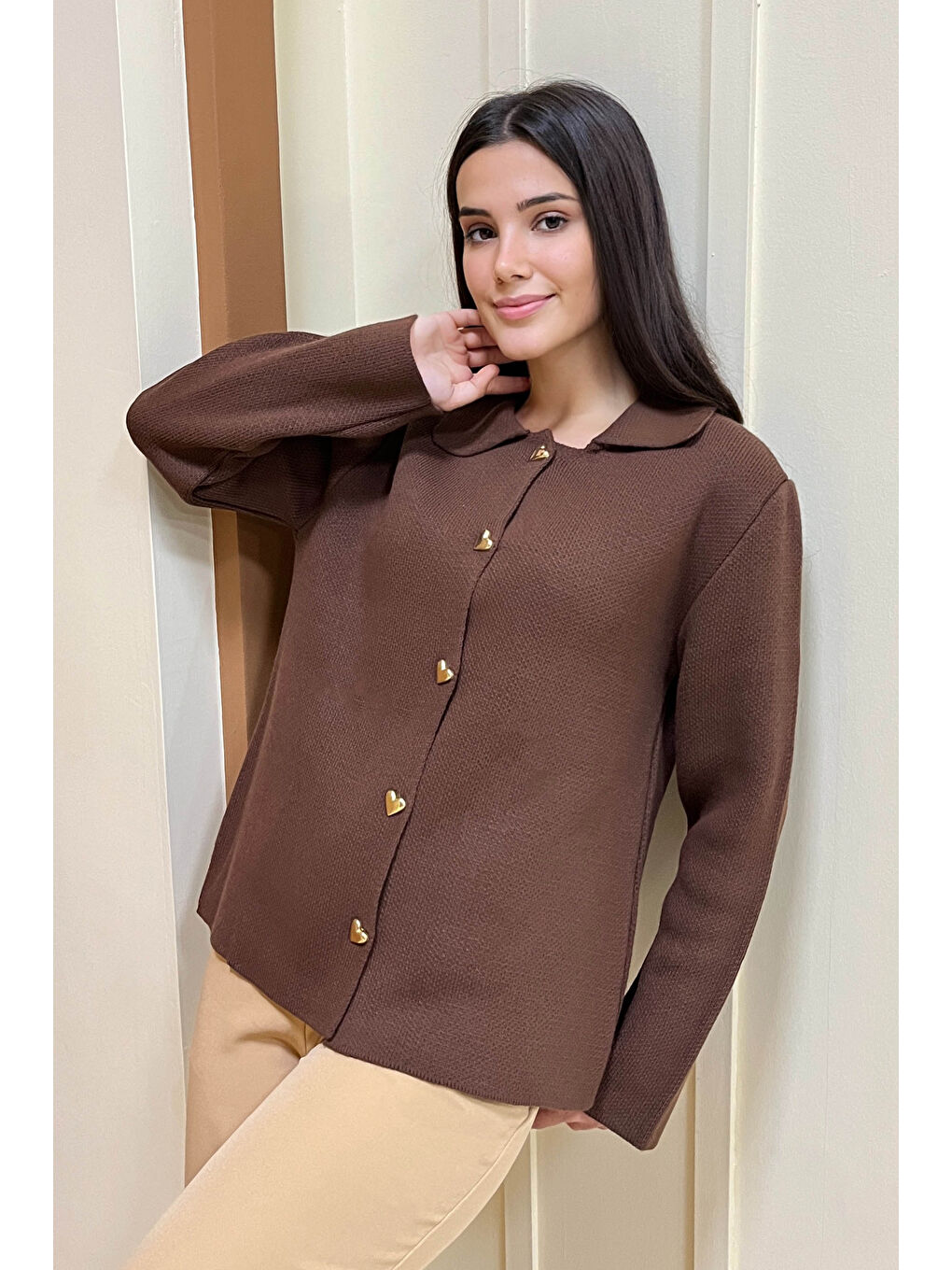 Kahverengi Kalp Düğmeli Triko Ceket Kahve - 27835-KAHVE-2