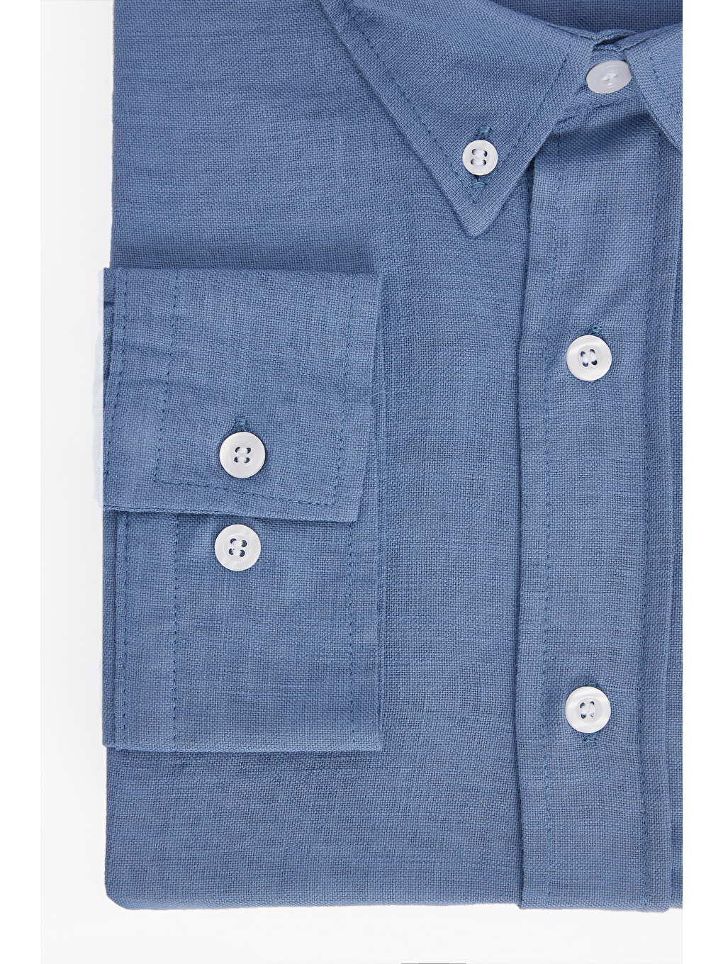 Erkek Big Size Büyük Beden Uzun Kollu %100 Pamuk Keten Doku Tek Cepli İndigo Düğmeli Yaka Gömlek-3