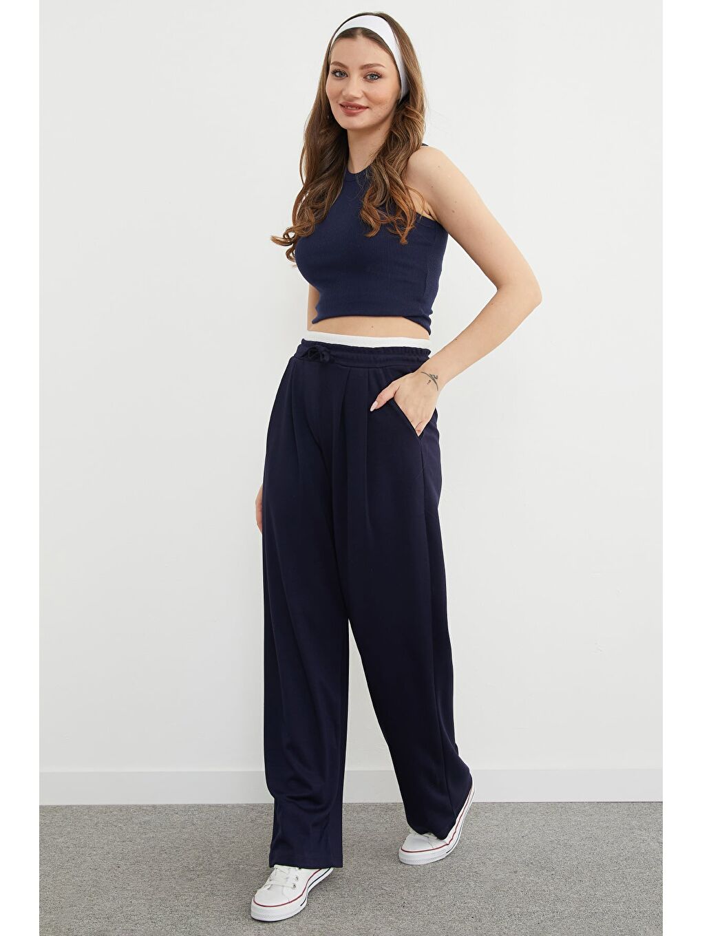 Lacivert Beli Ribana Detaylı Pileli Modal Pantolon-3