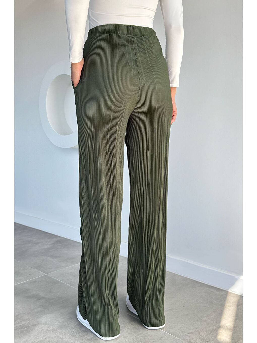 Haki Kadın Bel Lastikli Pileli Pantolon-2