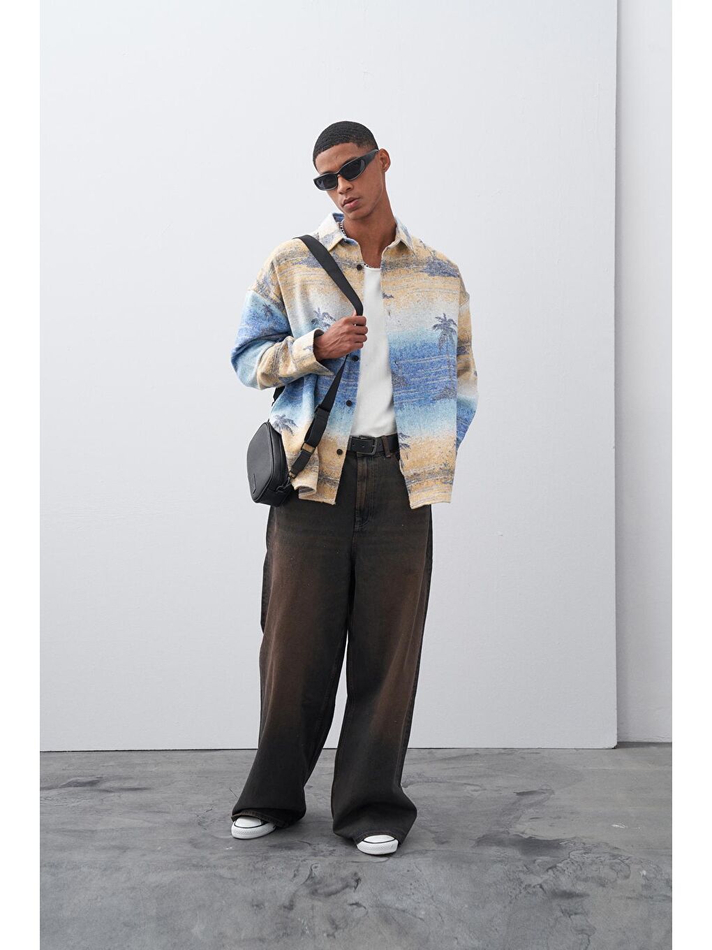 Mavi Baskılı Oversize Oduncu Gömlek-3