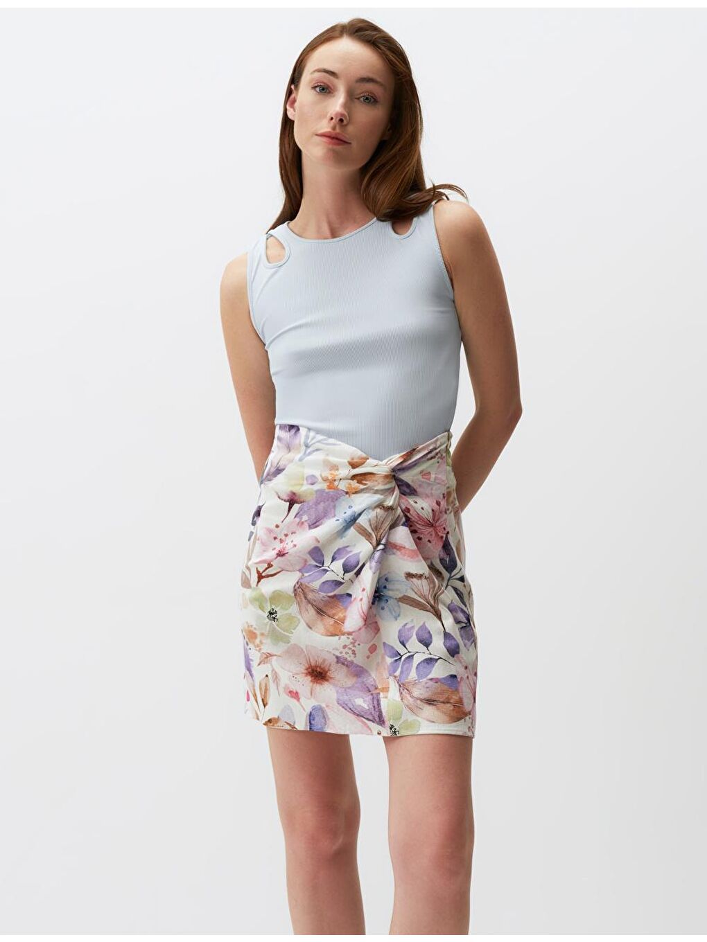 Ekru Floral Desenli Keten Mini Etek