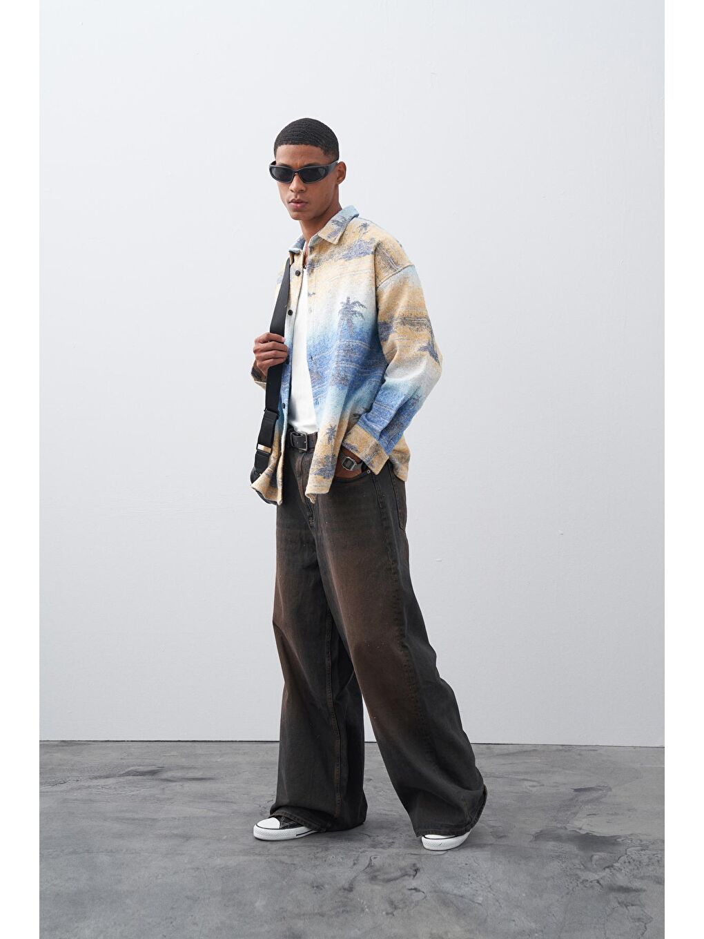 Mavi Baskılı Oversize Oduncu Gömlek-4