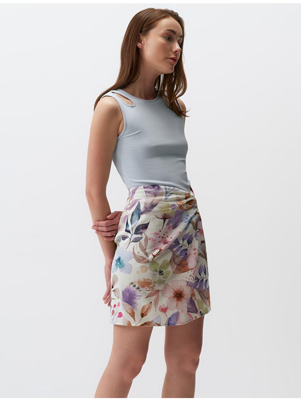 Ekru Floral Desenli Keten Mini Etek-3