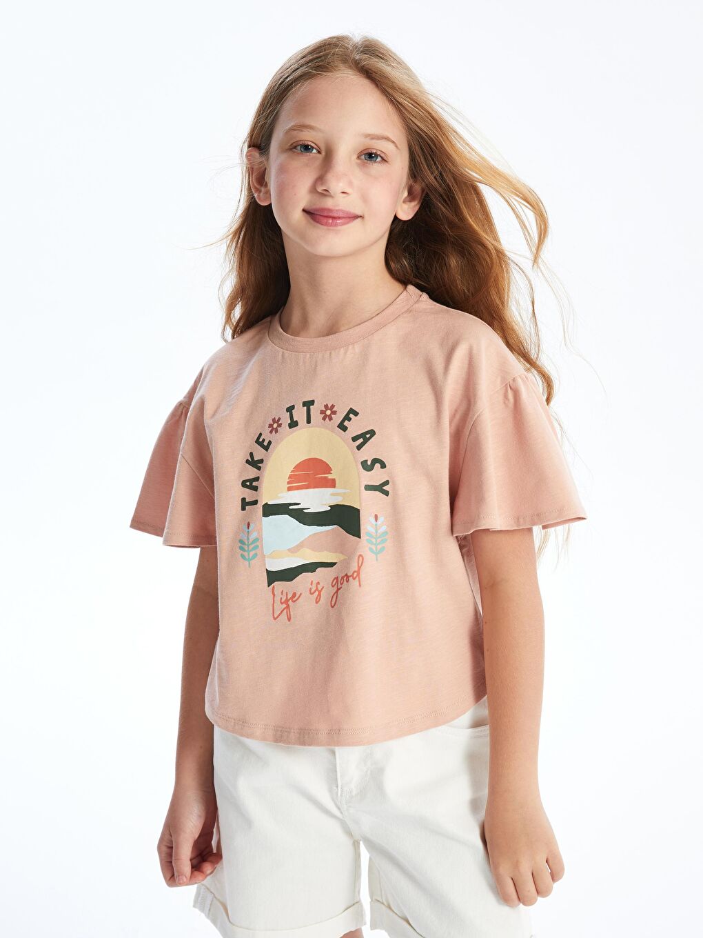 Dexia Pembe Goya - Kolları Fırfır ve Baskı Detaylı Örme T-shirt - Pembe - 1