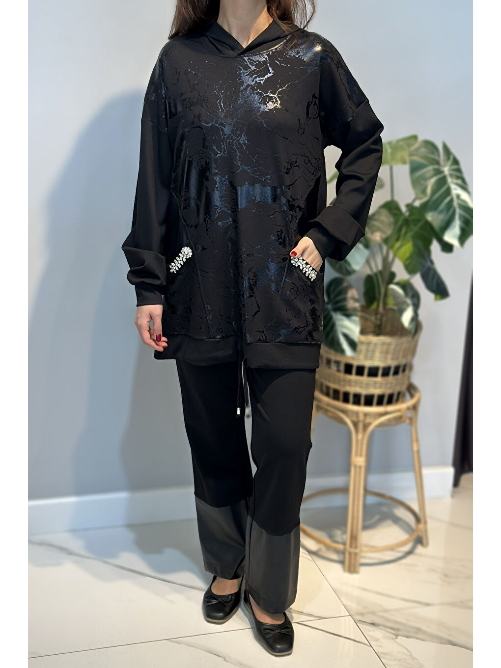 Kapüşonlu Baskı Detay Takım 19310 Siyah