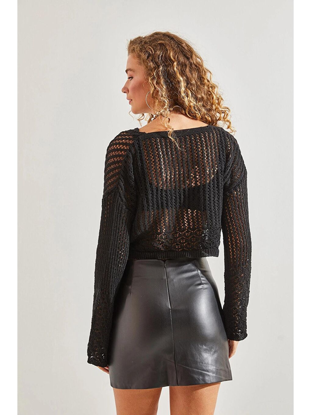 Siyah Kadın Ajurlu Triko Bluz-2