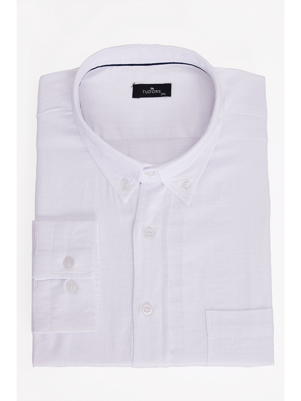 Erkek Big Size Büyük Beden Uzun Kollu %100 Pamuk Keten Doku Tek Cepli Beyaz Düğmeli Yaka Gömlek