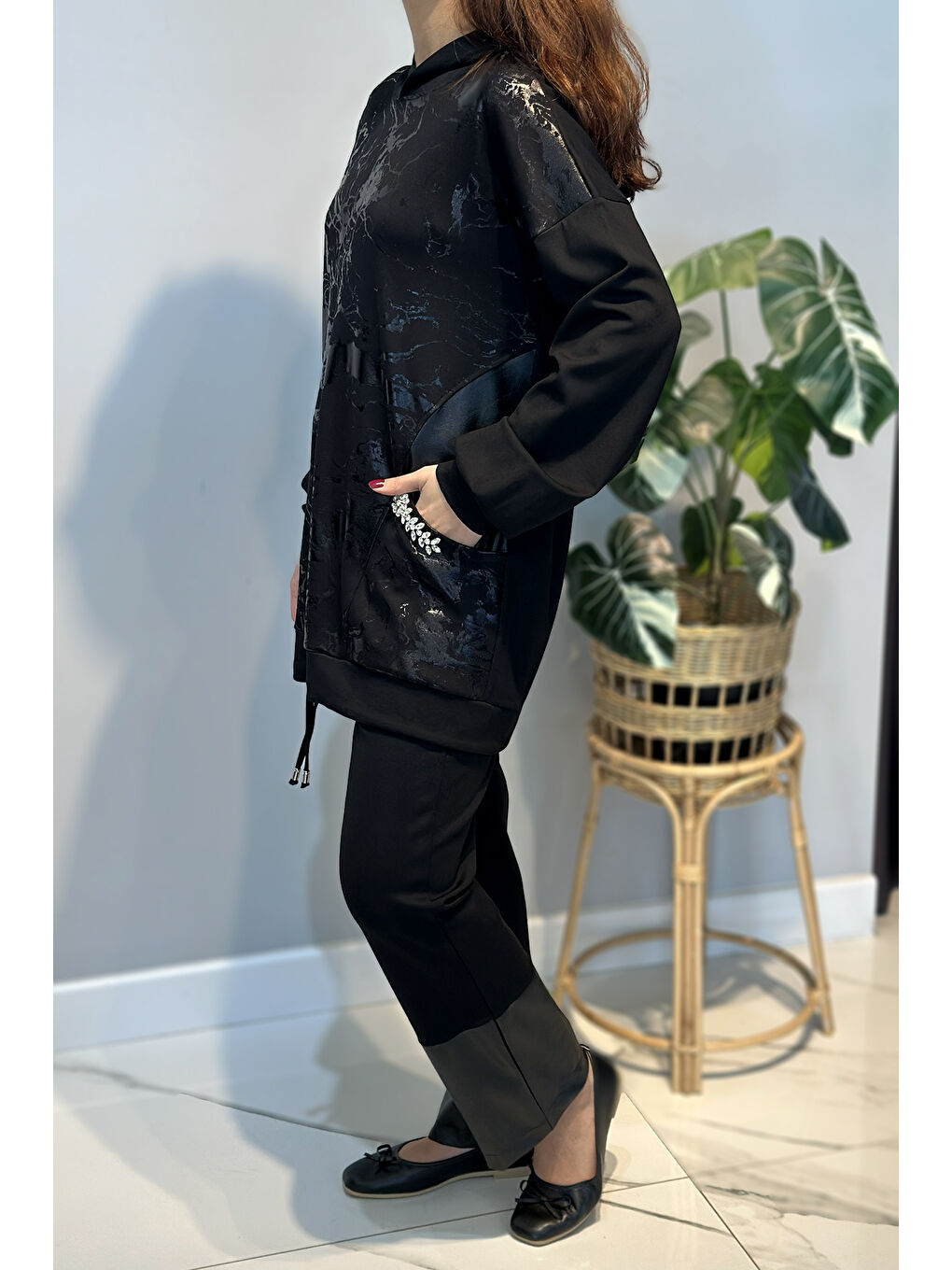 Kapüşonlu Baskı Detay Takım 19310 Siyah-1