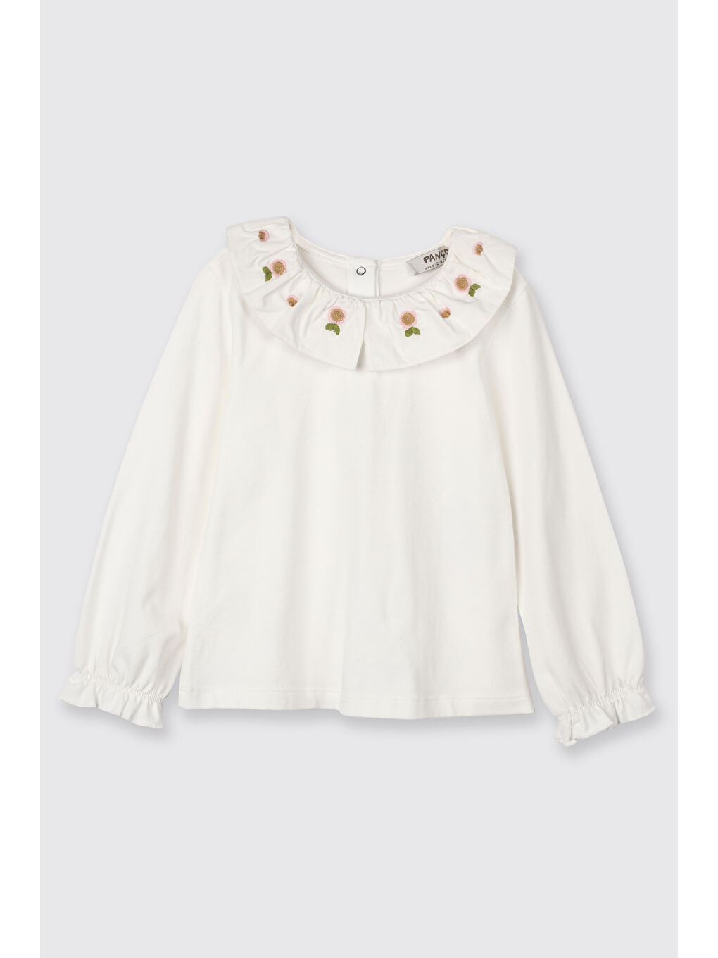 Kız Bebek Yakası Çiçek Nakışlı Ekru Tişört