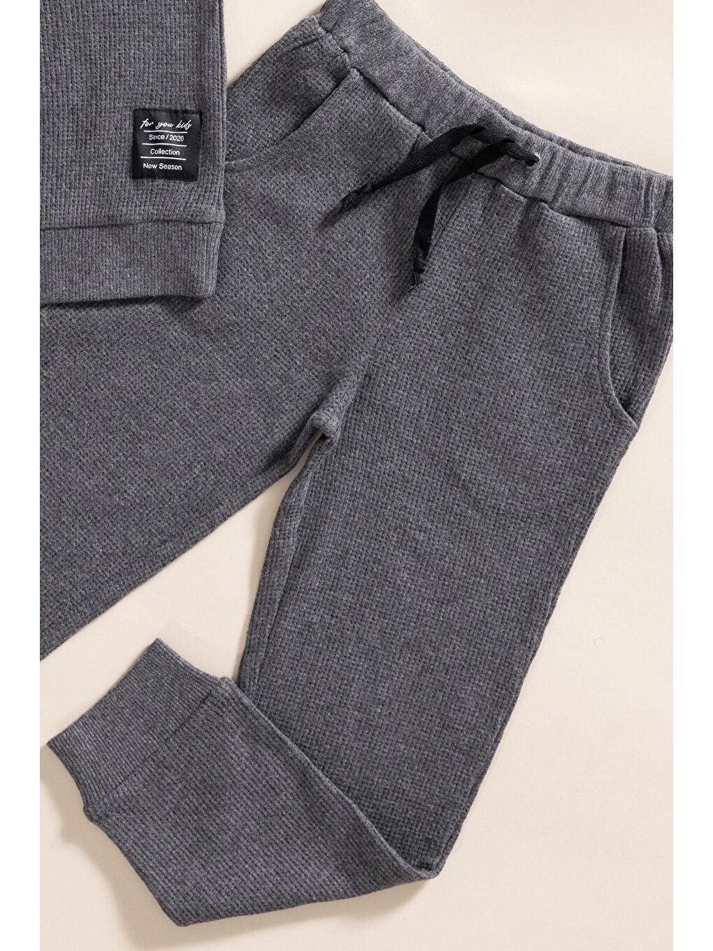 For You Kids 2'li Pamuk Waffle Sweat Jogger Antrasit Alt Üst Takım - 2