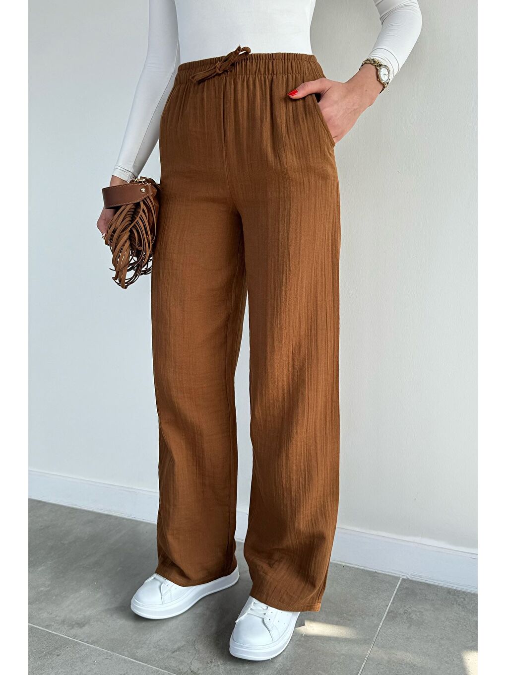 Kahverengi Kadın Bel Lastikli Müslin Pantolon-1