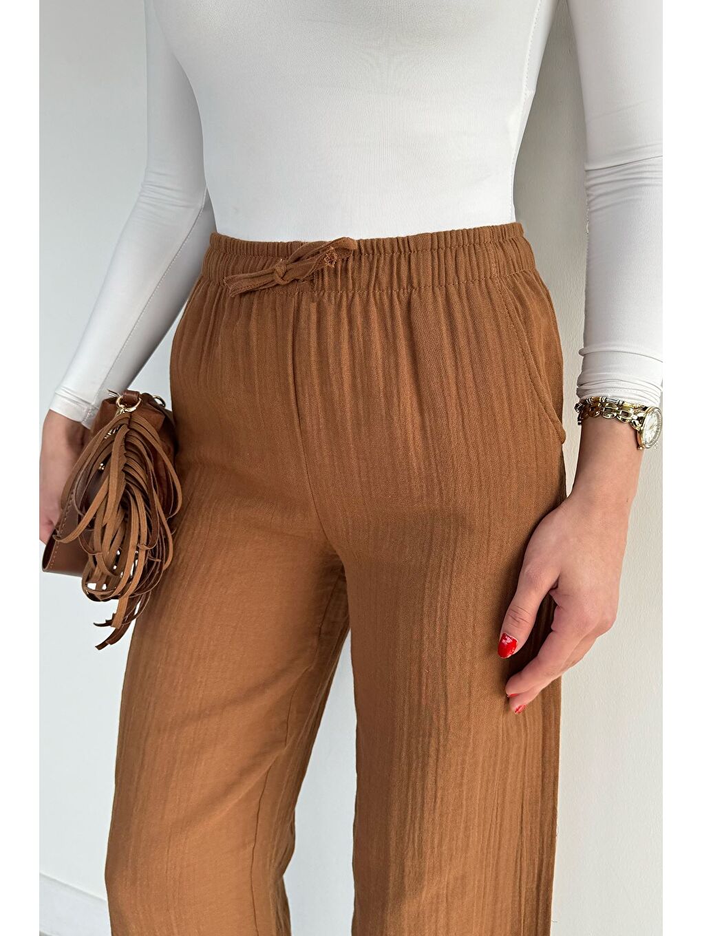 Kahverengi Kadın Bel Lastikli Müslin Pantolon-2