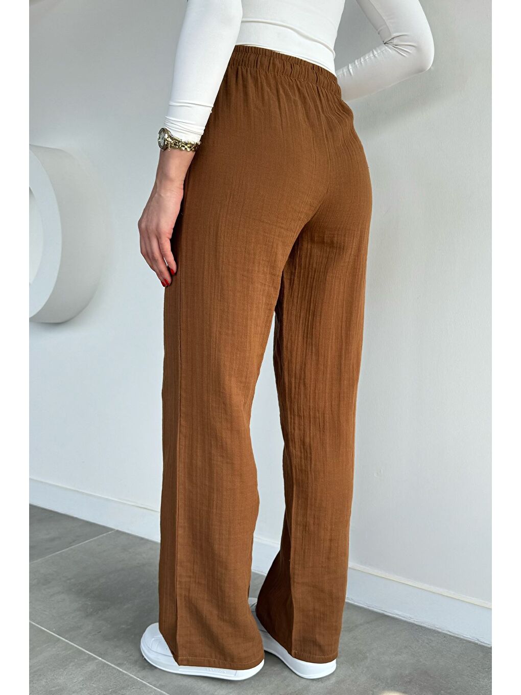 Kahverengi Kadın Bel Lastikli Müslin Pantolon-3