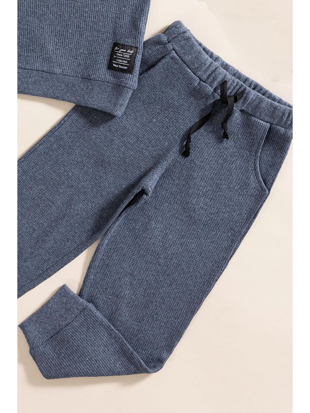 For You Kids 2'li Pamuk Waffle Sweat Jogger İndigo Alt Üst Takım - 2