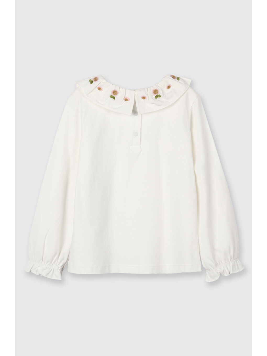 Kız Bebek Yakası Çiçek Nakışlı Ekru Tişört-1