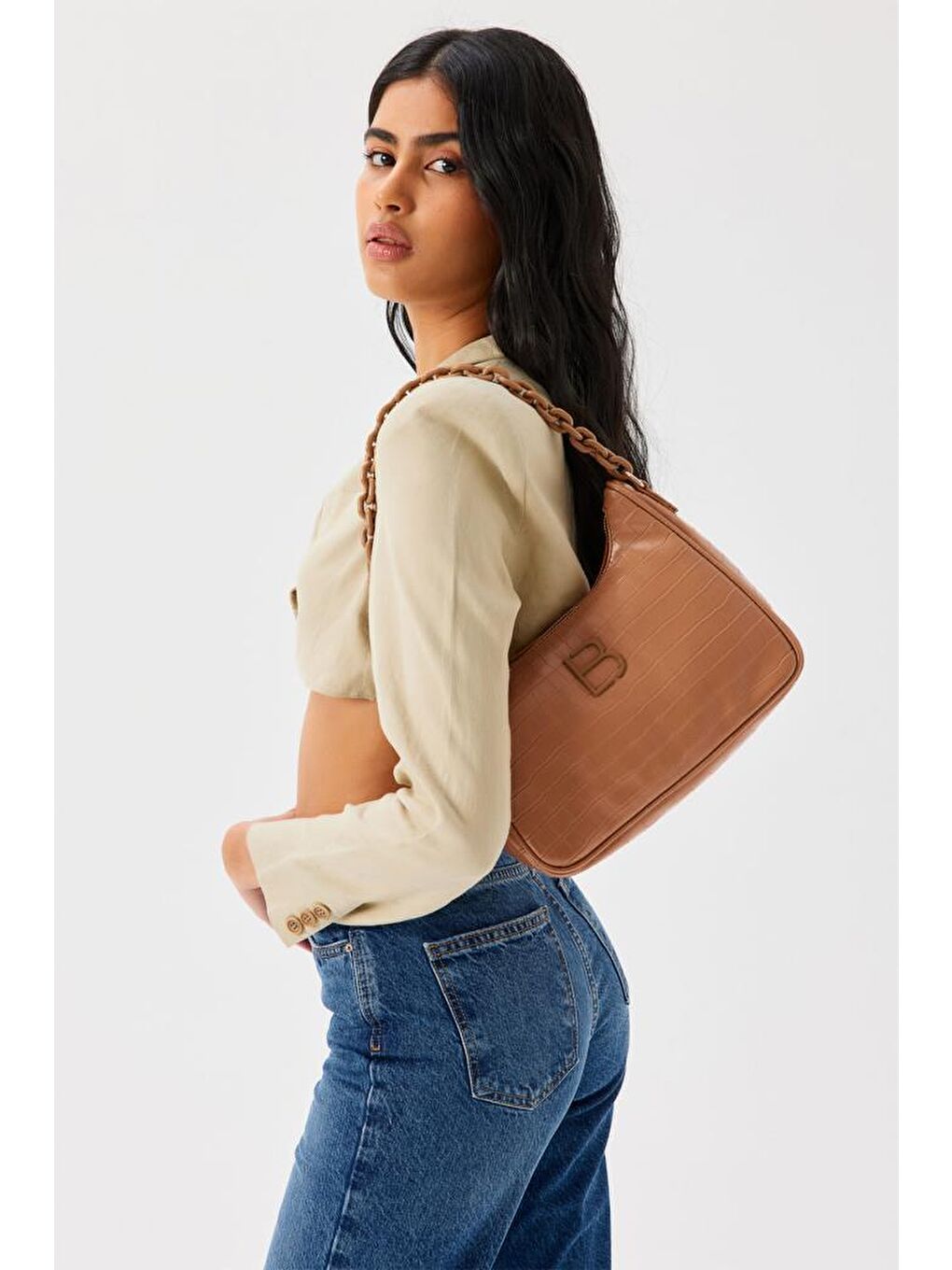 Kahverengi Desenli Zincir Askılı Kadın El ve Omuz Çantası-1