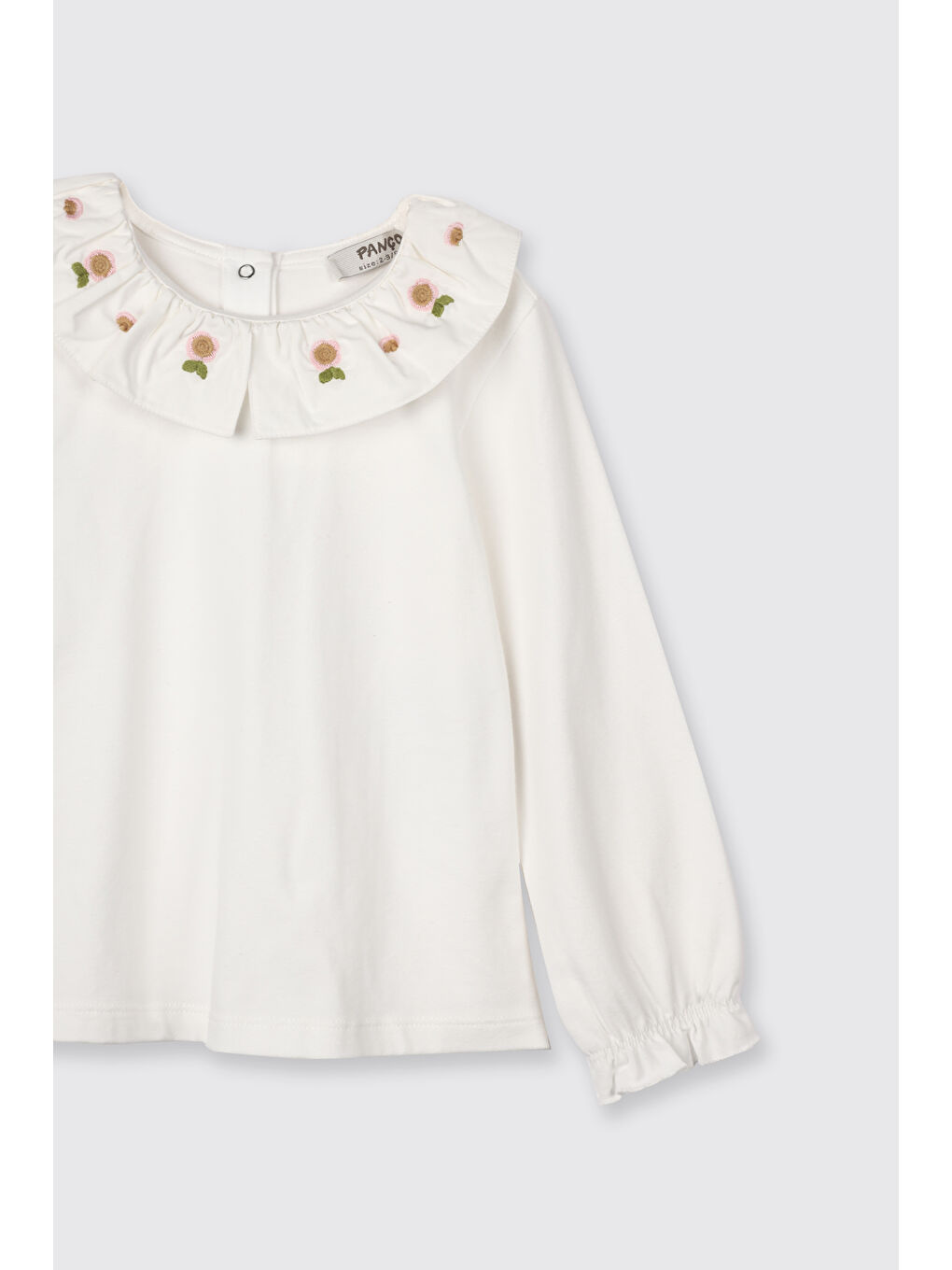 Kız Bebek Yakası Çiçek Nakışlı Ekru Tişört-2