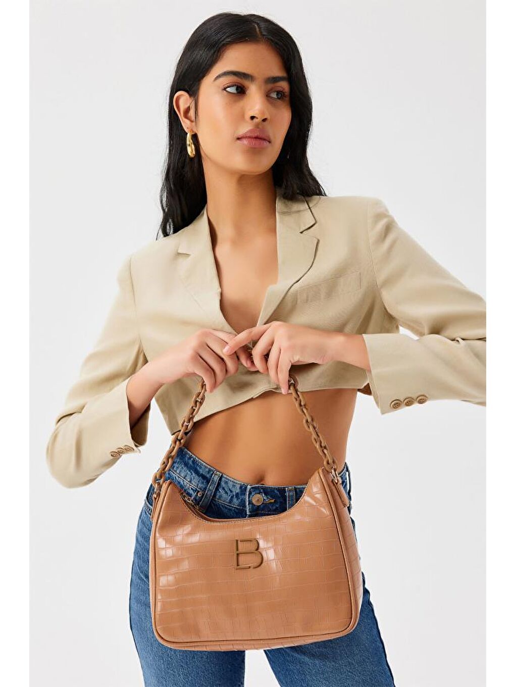 Kahverengi Desenli Zincir Askılı Kadın El ve Omuz Çantası-4