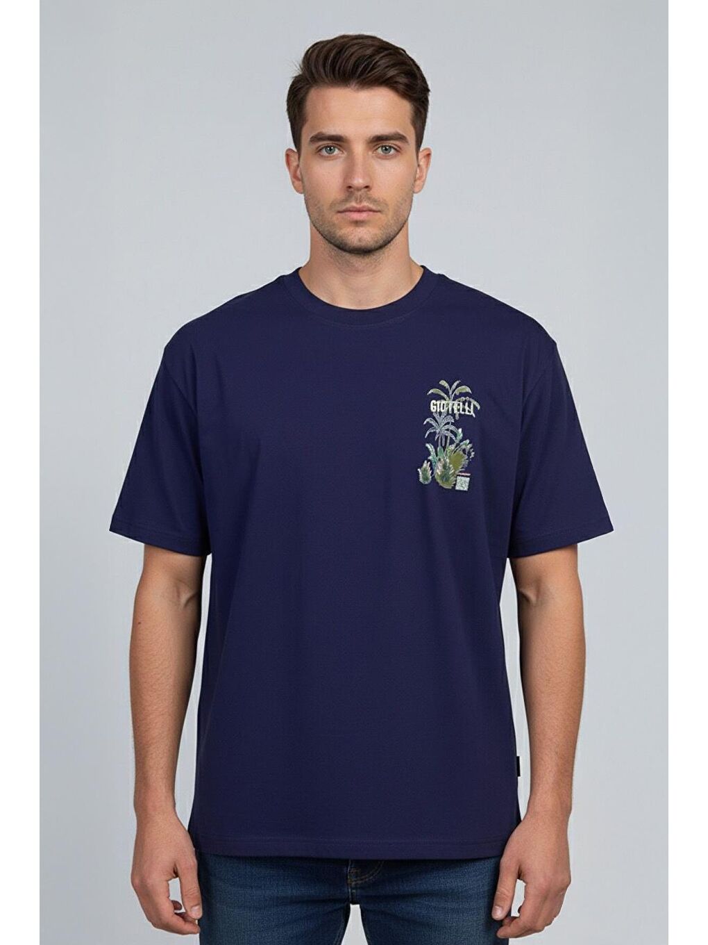 Giotelli Lacivert Regular Fit %100 Pamuk Baskılı Bisiklet Yaka Erkek Tişört