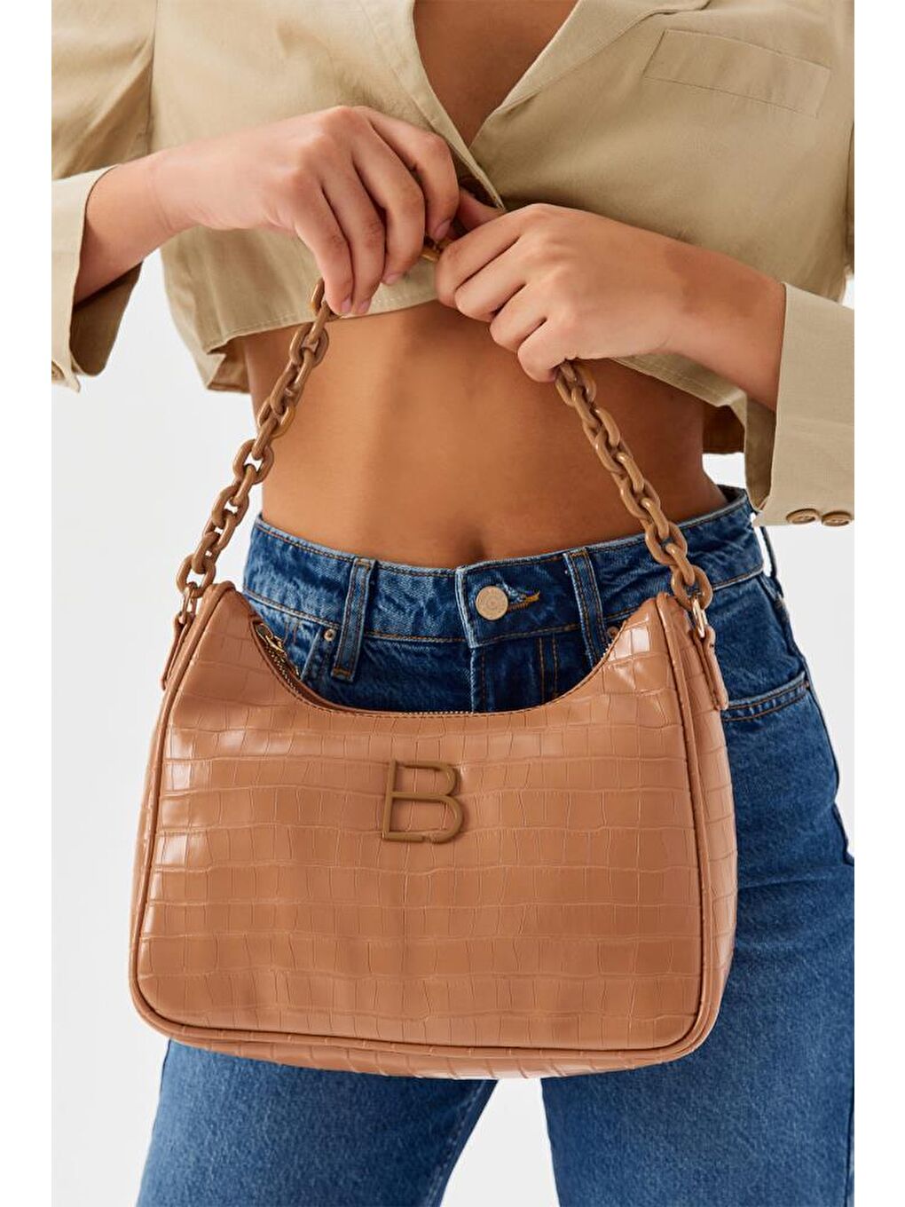 Kahverengi Desenli Zincir Askılı Kadın El ve Omuz Çantası-5