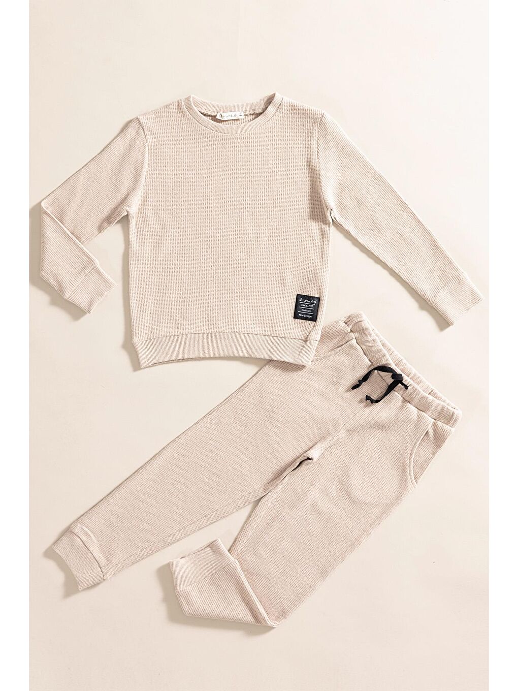 For You Kids Bej 2'li Pamuk Waffle Sweat Jogger Taş Alt Üst Takım