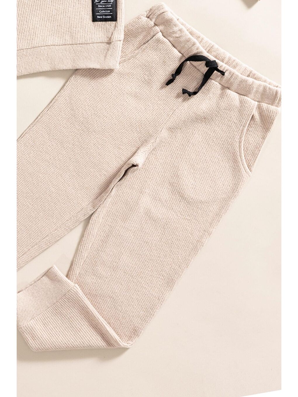 For You Kids Bej 2'li Pamuk Waffle Sweat Jogger Taş Alt Üst Takım - 2