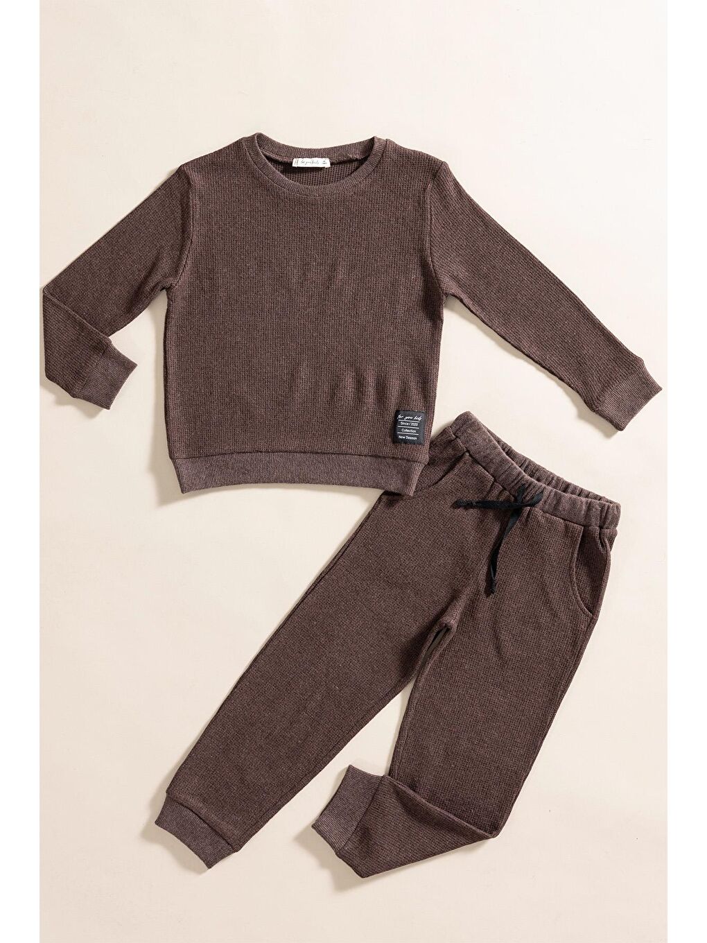 For You Kids 2'li Pamuk Waffle Sweat Jogger Kahverengi Alt Üst Takım