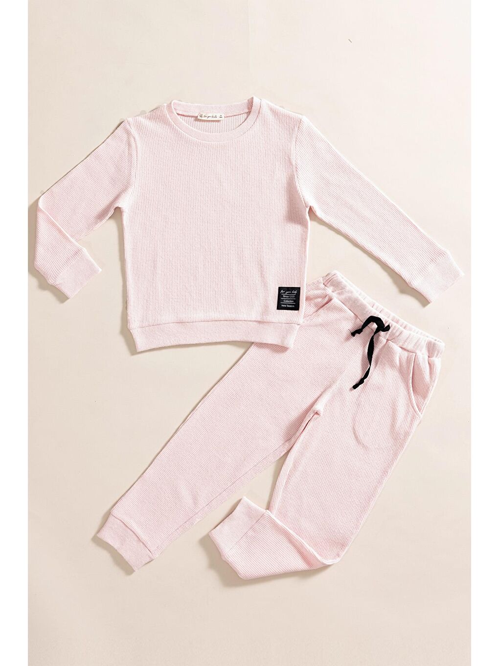 For You Kids Pembe 2'li Pamuk Waffle Sweat Jogger Pembe Alt Üst Takım