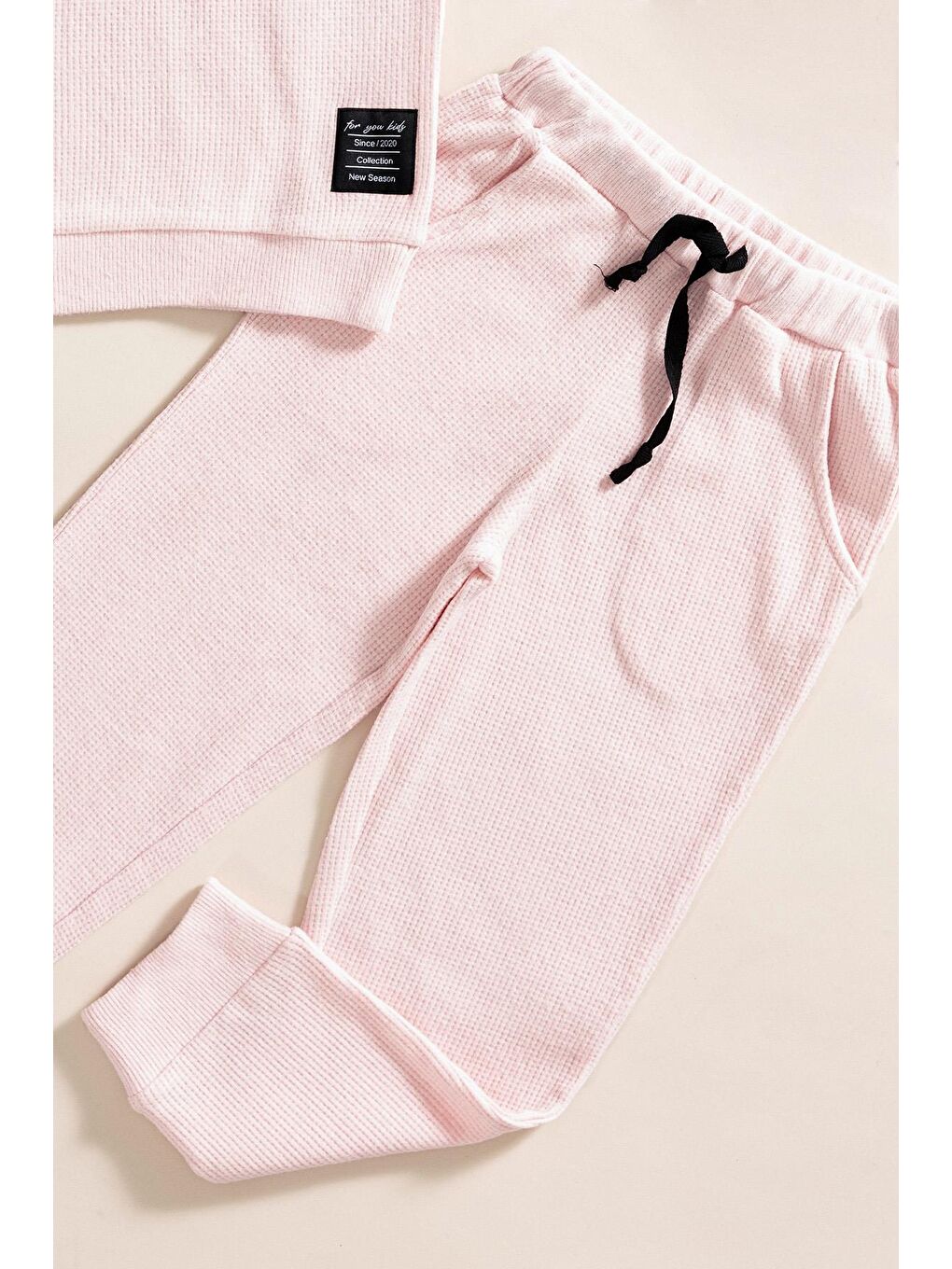 For You Kids Pembe 2'li Pamuk Waffle Sweat Jogger Pembe Alt Üst Takım - 2