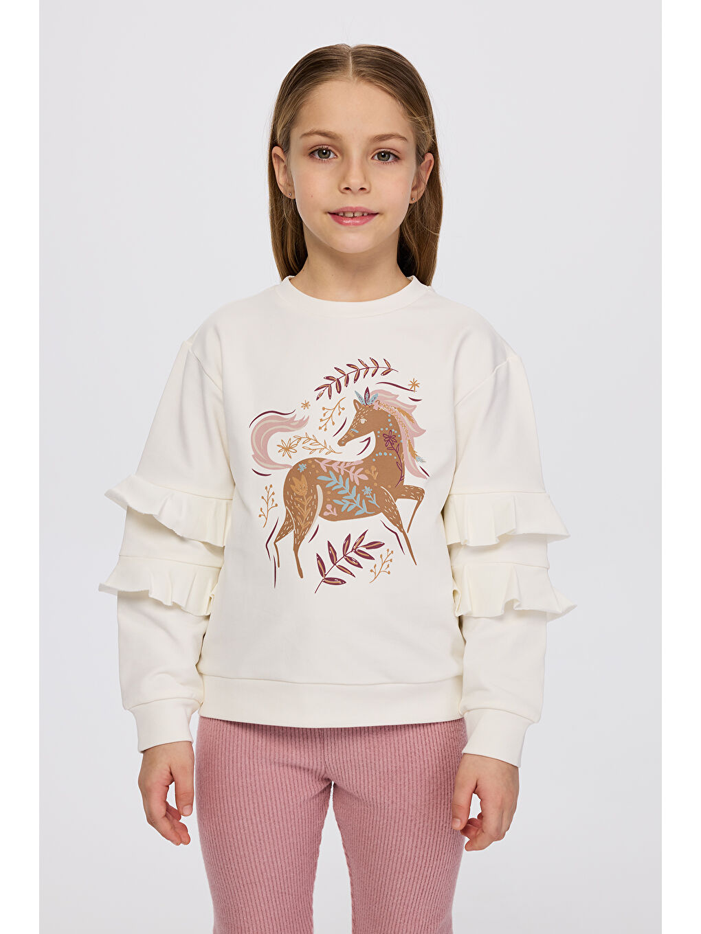 Kız Çocuk Baskı Detaylı Ekru Sweatshirt-1
