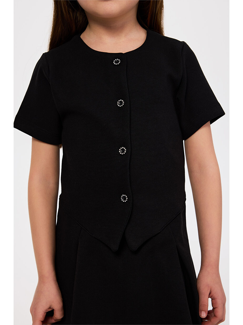 Kız Çocuk Düğme Detaylı Örme Siyah Elbise-1