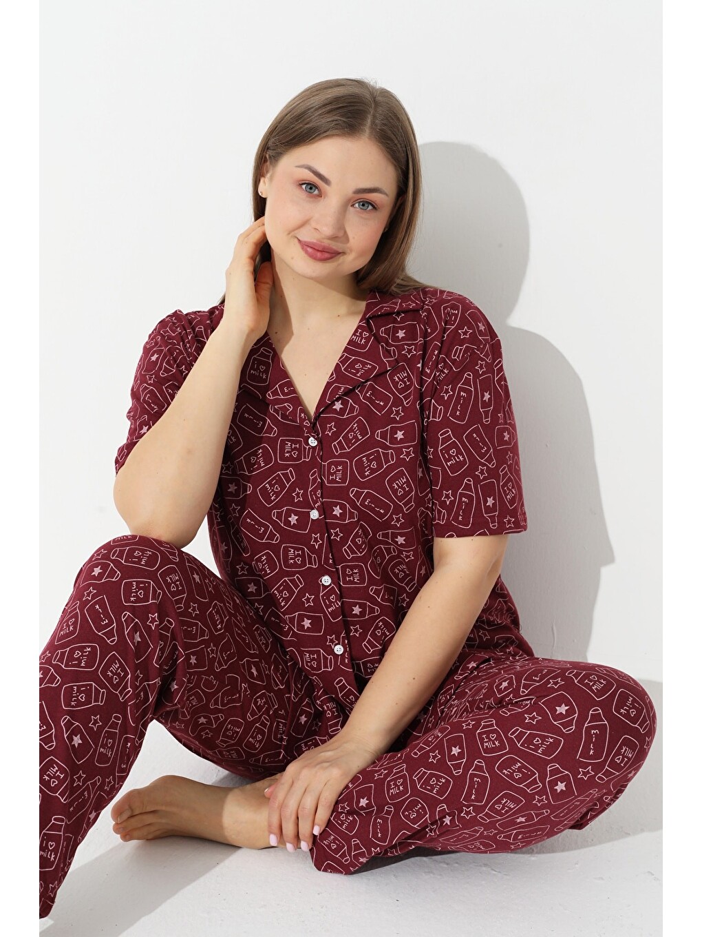 Bordo Curve Büyük Beden Battal Boy Kısa Kollu Düğmeli Pamuklu Pijama Takımı
