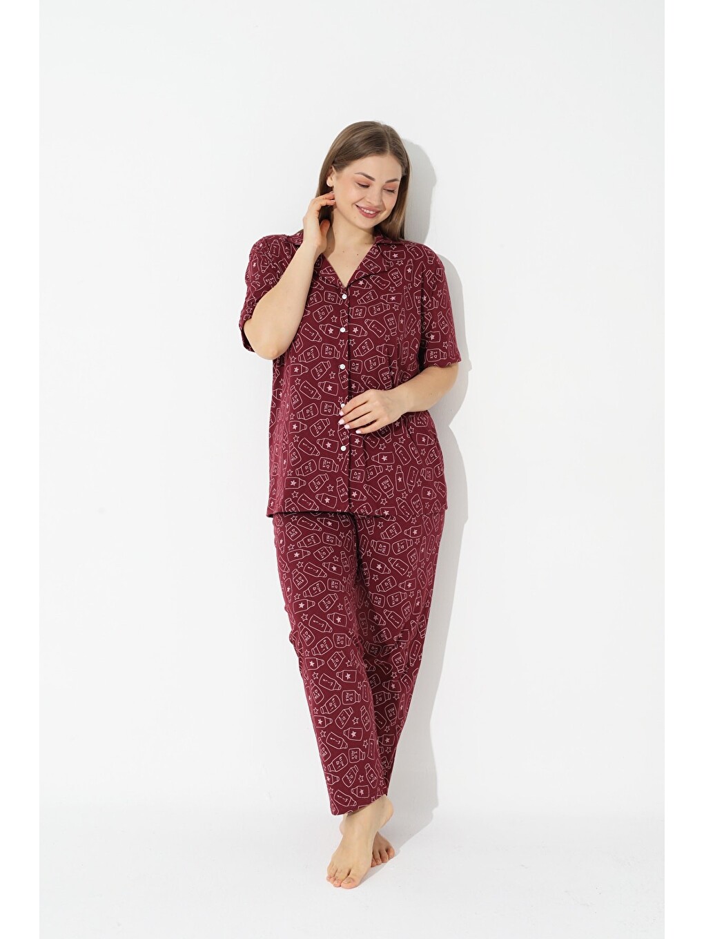Bordo Curve Büyük Beden Battal Boy Kısa Kollu Düğmeli Pamuklu Pijama Takımı-1
