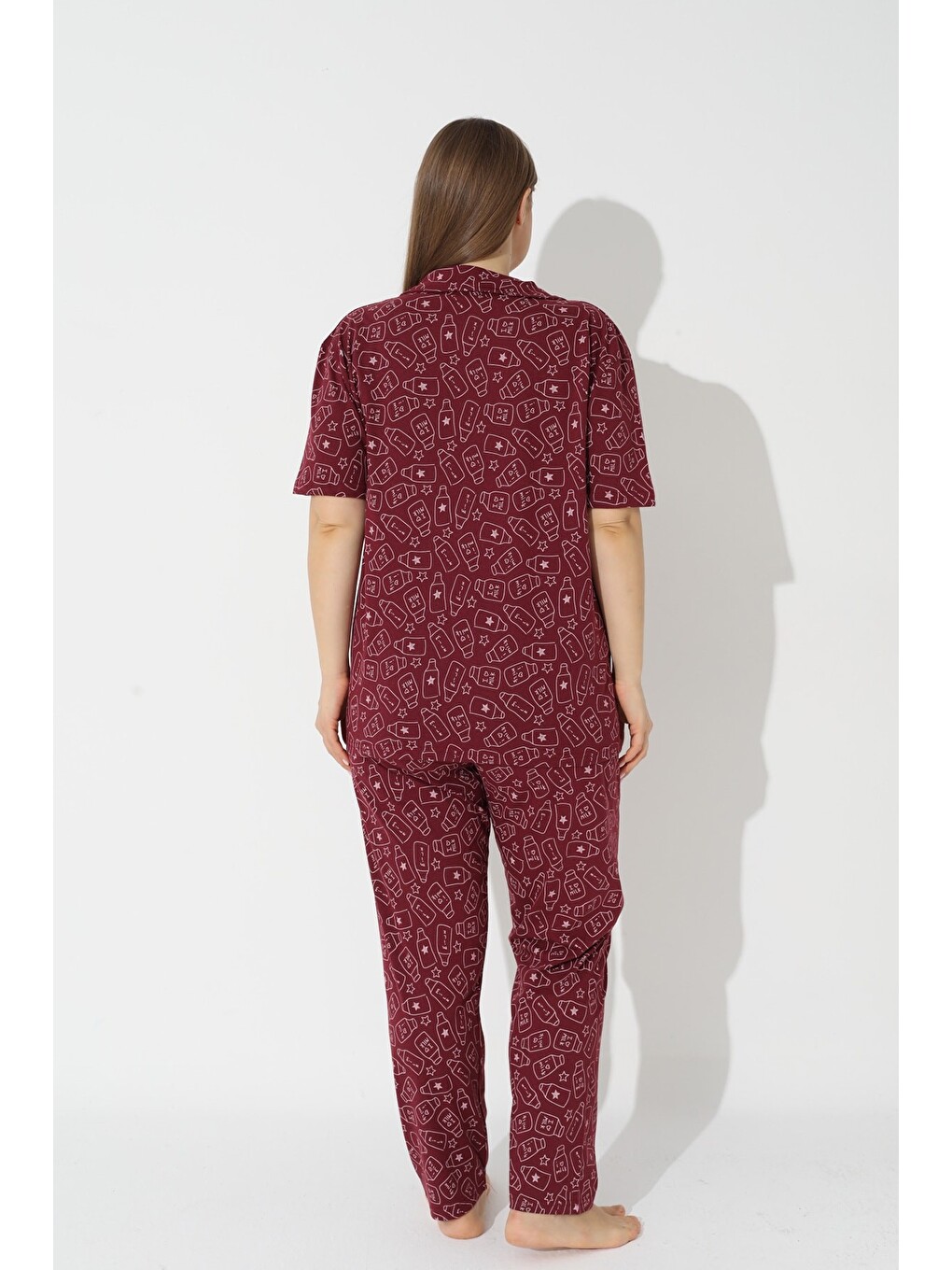 Bordo Curve Büyük Beden Battal Boy Kısa Kollu Düğmeli Pamuklu Pijama Takımı-2