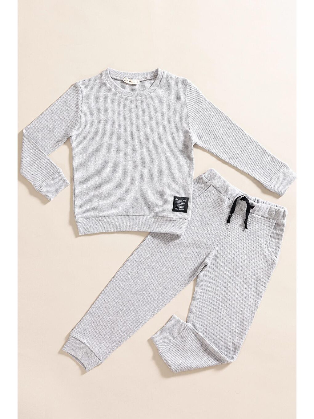 For You Kids Gri 2'li Pamuk Waffle Sweat Jogger Açık Gri Alt Üst Takım