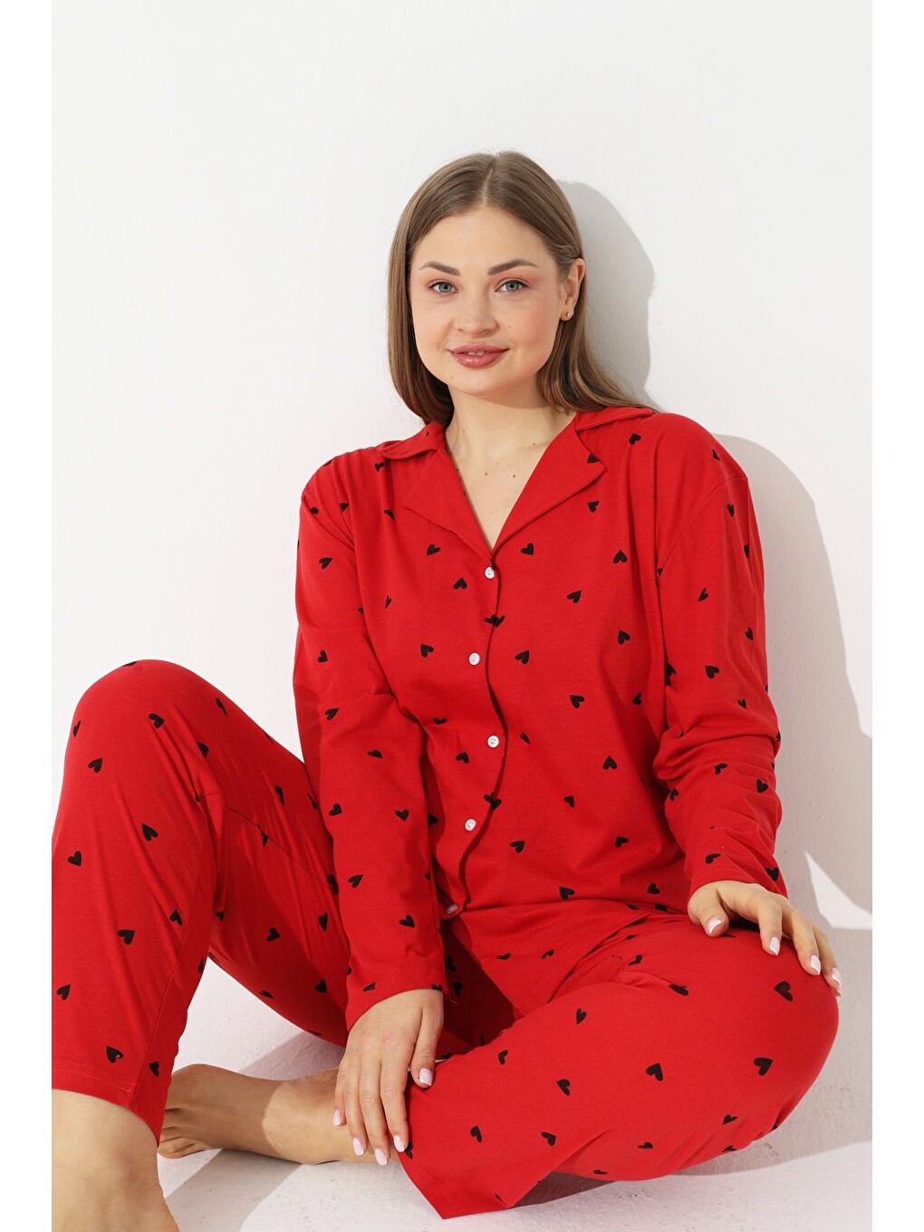 Kırmızı Curve Büyük Beden Battal Boy Düğmeli Pamuklu Pijama Takımı