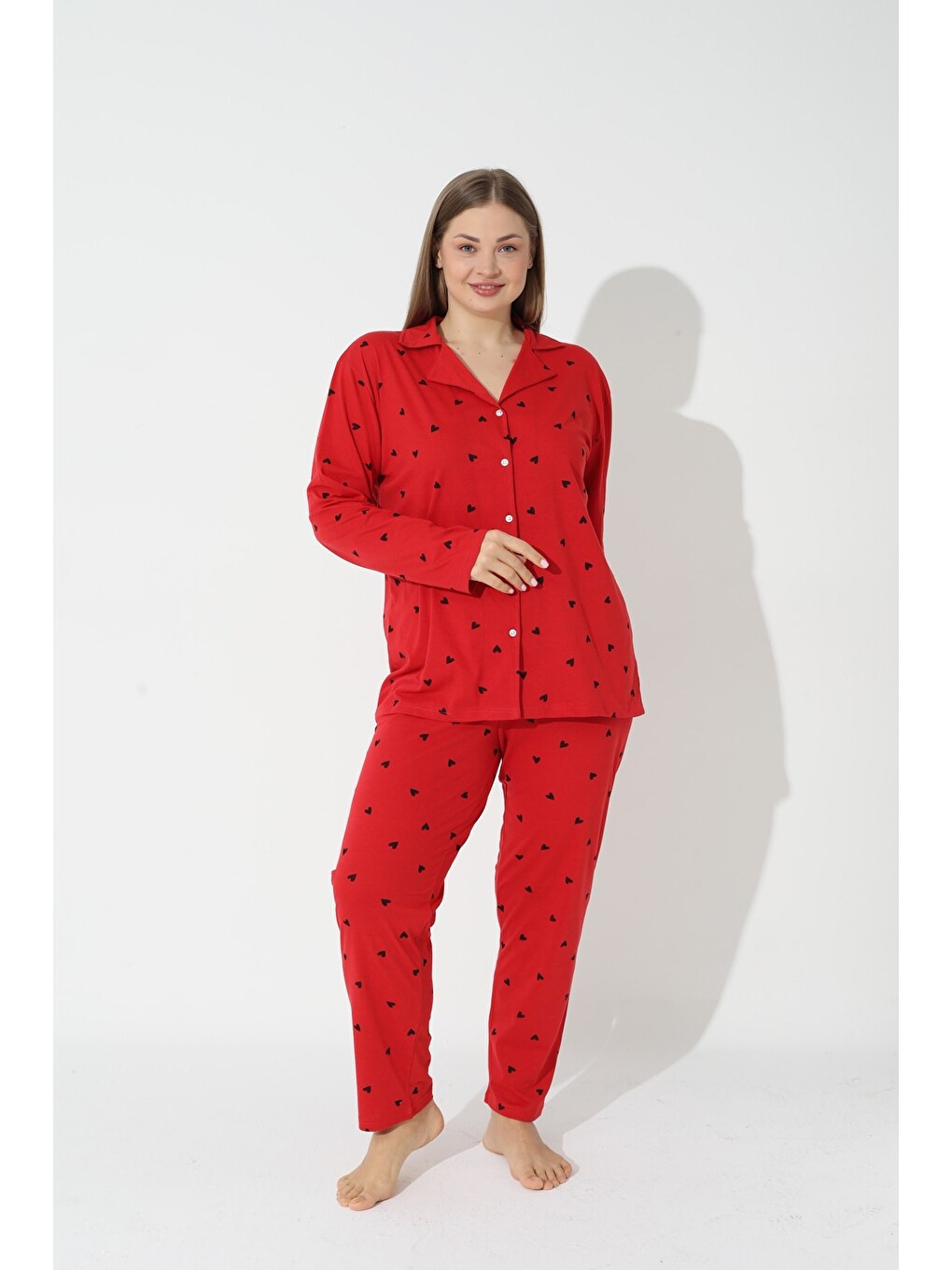Kırmızı Curve Büyük Beden Battal Boy Düğmeli Pamuklu Pijama Takımı-1