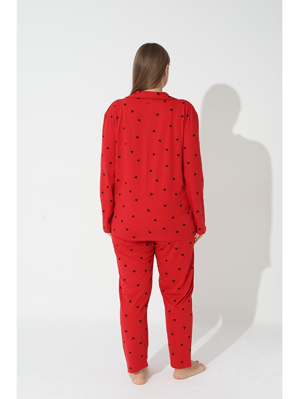 Kırmızı Curve Büyük Beden Battal Boy Düğmeli Pamuklu Pijama Takımı-2